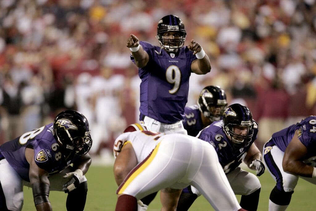 Aug 31, 2006; Landover, MD, USA; Baltimore Ravens quarterback (9) Steve McNair points to the Washington Redskins defense before a play in the first quarter at FedEx Field in Landover,