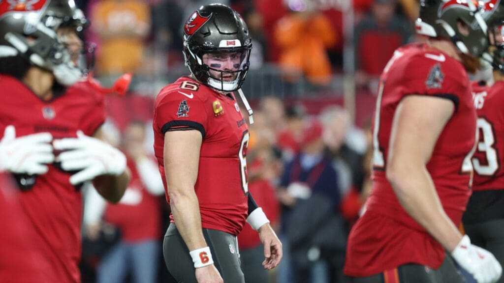 Jan 12, 2025; Tampa, Florida, USA; Tampa Bay Buccaneers quarterback Baker Mayfield (6) warms up before a NFC wild card playoff against the Washington Commanders at Raymond James Stadium. 