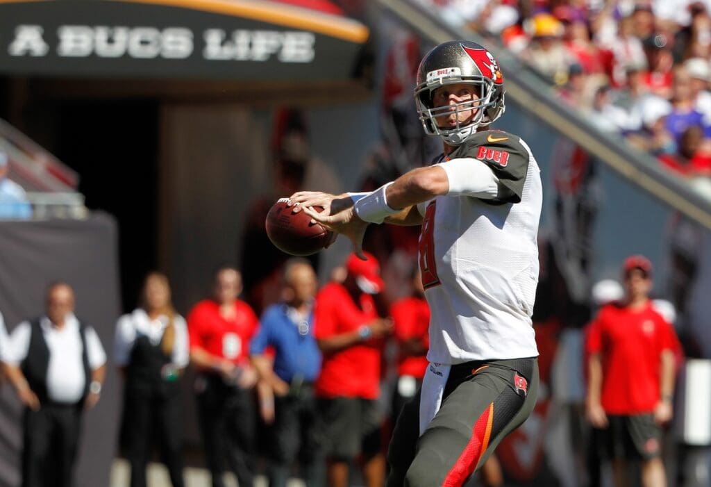 Oct 26, 2014; Tampa, FL, USA; Tampa Bay Buccaneers quarterback Mike Glennon (8) throws the ball against the Minnesota Vikings during the first half at Raymond James Stadium. 