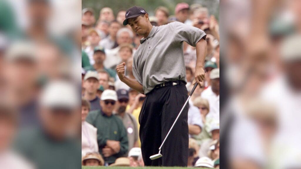 Tiger Woods reacts after sinking his fourth birdie in a row on the 10th hole in round 3 of the 2000 Masters Tournament Friday at Augusta National Golf Club in Augusta, Ga. on April 8, 2000.