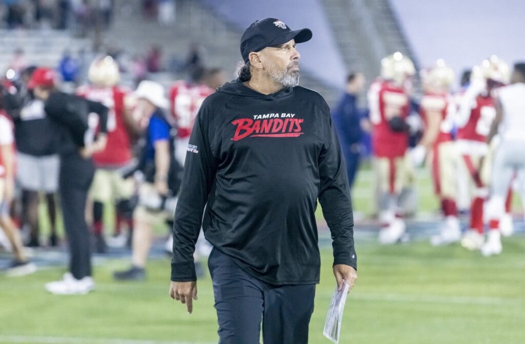 May 7, 2022; Birmingham, AL, USA; Tampa Bay Bandits head coach Todd Haley walks off the field after a loss to the Birmingham Stallions at Protective Stadium. 