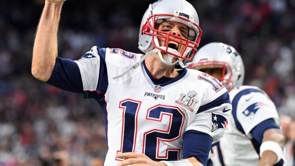 Feb 5, 2017; Houston, TX, USA; New England Patriots quarterback Tom Brady (12) shouts before Super Bowl LI at NRG Stadium.