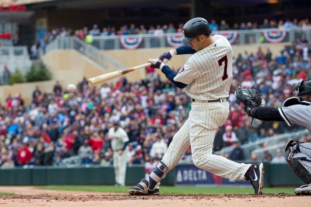 Sep 30, 2018; Minneapolis, MN, USA; Minnesota Twins first baseman Joe Mauer (7) at bat in the first inning against Chicago White Sox at Target Field. Mandatory Credit: Brad Rempel-USA TODAY Sports