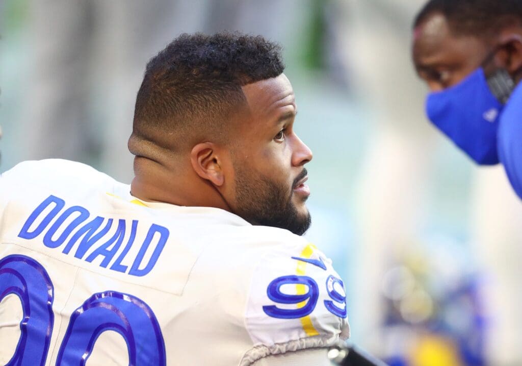 Dec 6, 2020; Glendale, Arizona, USA; Los Angeles Rams defensive tackle Aaron Donald (99) against the Arizona Cardinals at State Farm Stadium. Mandatory Credit: Mark J. Rebilas-USA TODAY Sports