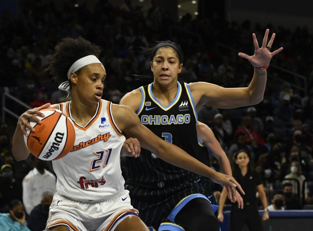 Oct 17, 2021; Chicago, Illinois, USA; Phoenix Mercury forward Brianna Turner (21) and. Chicago Sky forward/center Candace Parker (3) during the first half of game four of the 2021 WNBA Finals at Wintrust Arena. Mandatory Credit: Matt Marton-USA TODAY Sports