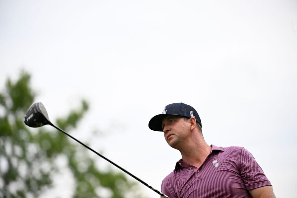 Aug 16, 2024; Greenbrier, West Virginia, USA; Hudson Swafford hits on the 17th hole at The Old White at the Greenbrier. Mandatory Credit: Bob Donnan-USA TODAY Sports