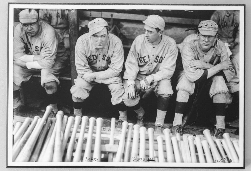 A photograph of Red Sox players, including Babe Ruth and Jack Barry, hangs in Ryan Dumont’s Shrewsbury home, which was once owned by Barry.