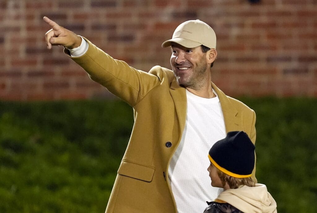 Nov 9, 2024; Columbia, Missouri, USA; Former Dallas Cowboys quarterback Tony Romo acknowledges the crowd prior to a game between the Missouri Tigers and the Oklahoma Sooners at Faurot Field at Memorial Stadium. Mandatory Credit: Jay Biggerstaff-Imagn Images