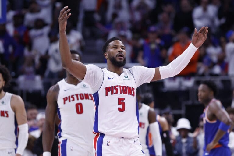 May 1, 2025; Detroit, Michigan, USA; Detroit Pistons guard Malik Beasley (5) fires up the crowd in the first half against the New York Knicks during game six of first round for the 2024 NBA Playoffs at Little Caesars Arena. Mandatory Credit: Rick Osentoski-Imagn Images