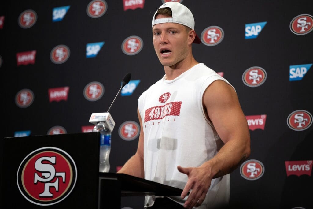 Jun 11, 2025; Santa Clara, CA, USA; San Francisco 49ers running back Christian McCaffrey speaks to the media following a team OTA at Levi's Stadium. Mandatory Credit: D. Ross Cameron-Imagn Images