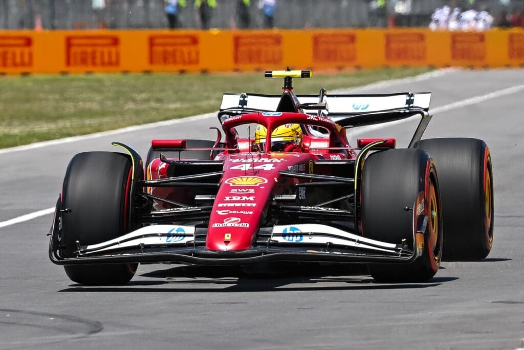 Jun 15, 2025; Montreal, Quebec, Canada; Ferrari driver Lewis Hamilton (44) during the F1 Canadian Grand Prix at Circuit Gilles-Villeneuve. Mandatory Credit: David Kirouac-Imagn Images