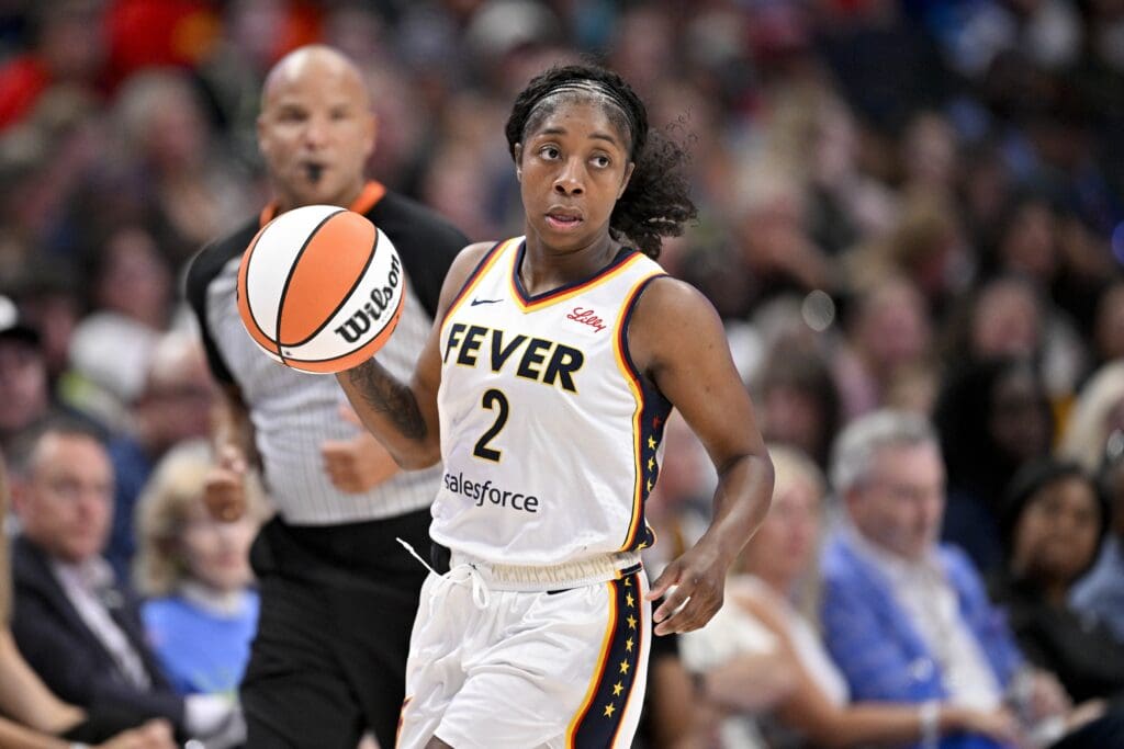 Aug 1, 2025; Dallas, Texas, USA; Indiana Fever guard Aari McDonald (2) brings the ball up court against the Dallas Wings during the second half at the American Airlines Center. Mandatory Credit: Jerome Miron-Imagn Images