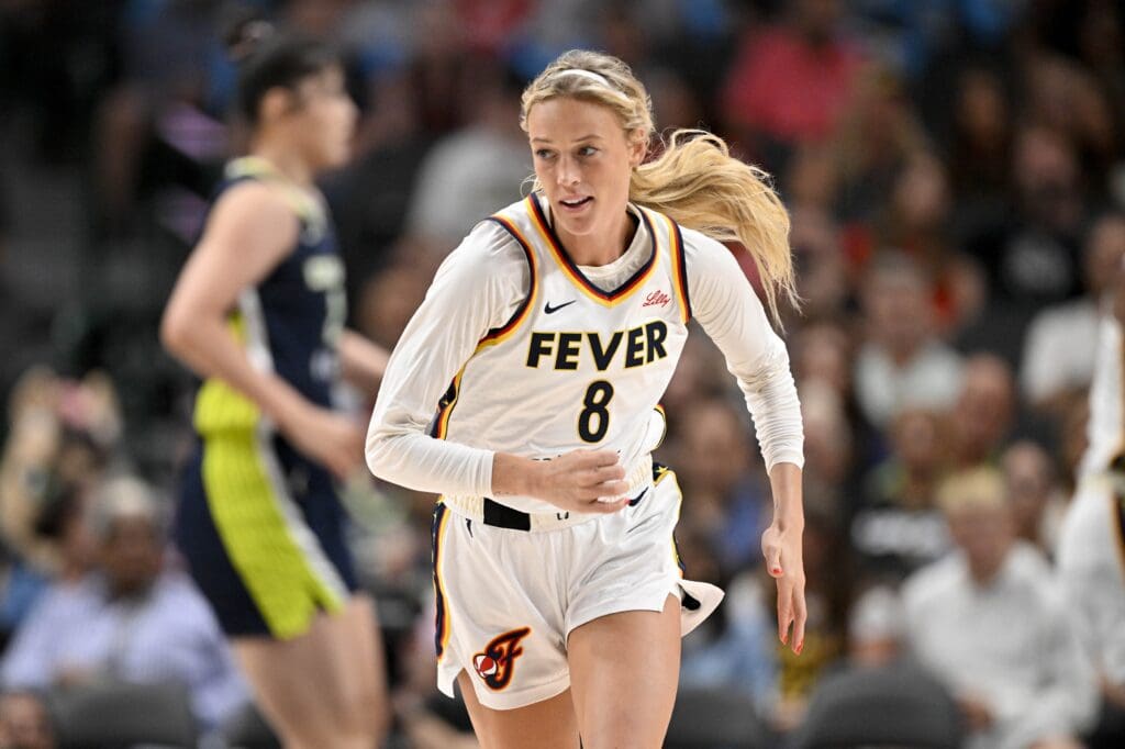 Aug 1, 2025; Dallas, Texas, USA; Indiana Fever guard Sophie Cunningham (8) runs back up the court during the second half against the Dallas Wings at the American Airlines Center. Mandatory Credit: Jerome Miron-Imagn Images