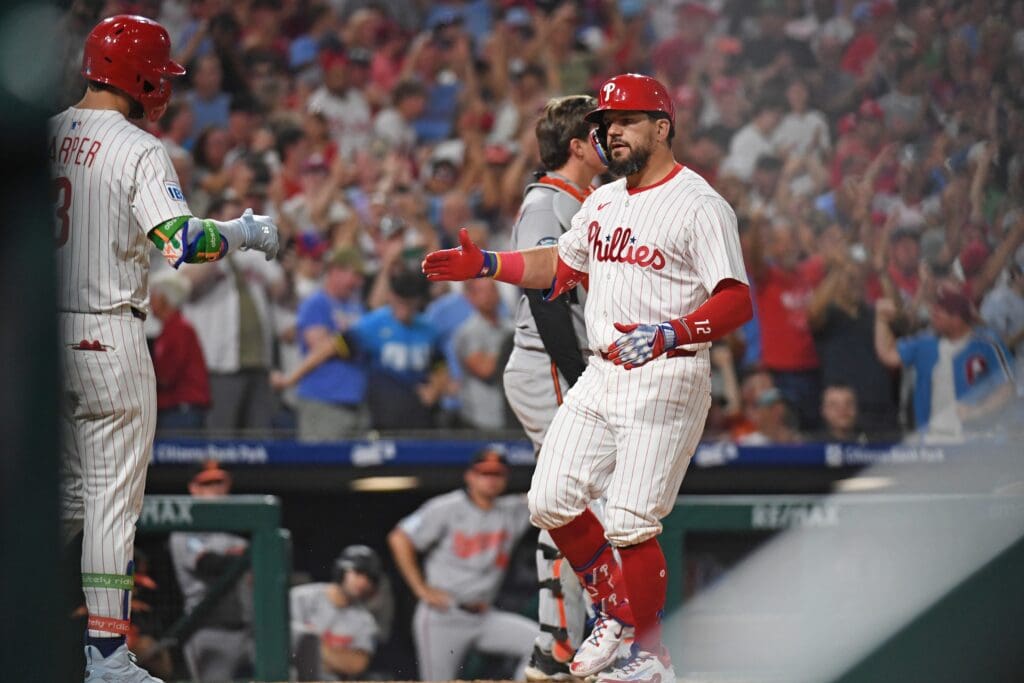 Aug 4, 2025; Philadelphia, Pennsylvania, USA; Philadelphia Phillies outfielder Kyle Schwarber (12) reacts after hitting a grand slam home run during the sixth inning against the Baltimore Orioles at Citizens Bank Park. Mandatory Credit: Eric Hartline-Imagn Images