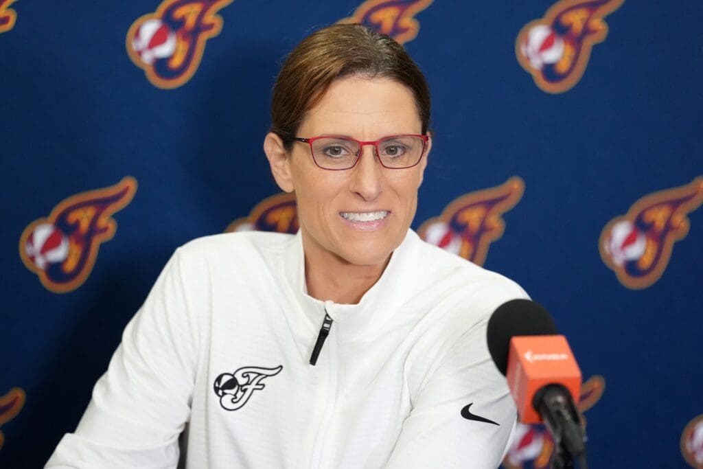 Aug 5, 2025; Los Angeles, California, USA; Indiana Fever coach Stephanie White at press conference at the Crypto.com Arena. Mandatory Credit: Kirby Lee-Imagn Images