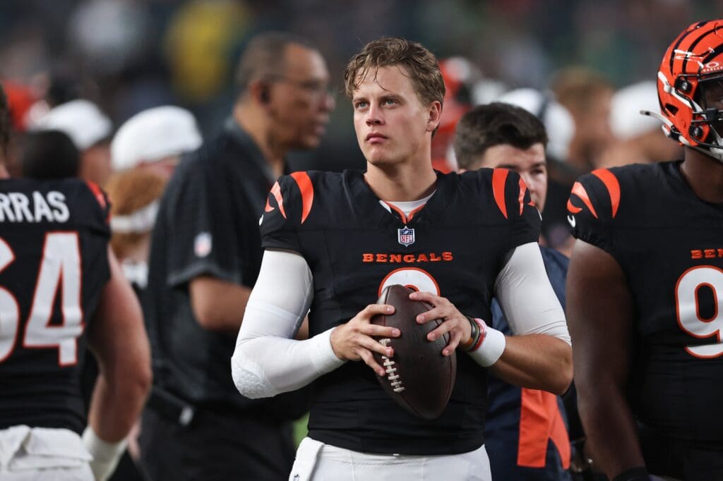 Aug 7, 2025; Philadelphia, Pennsylvania, USA; Cincinnati Bengals quarterback Joe Burrow (9) was up on the sideline during the first quarter against the Philadelphia Eagles at Lincoln Financial Field. Mandatory Credit: Bill Streicher-Imagn Images
