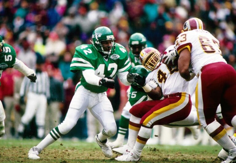 Dec 11, 1993; Washington, DC, USA; FILE PHOTO; New York Jets safety Ronnie Lott (42) in action against the Washington Redskins at RFK Stadium. Mandatory Credit: USA TODAY Sports