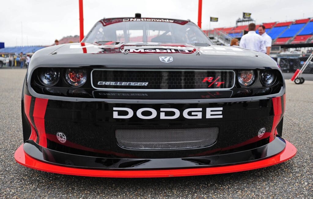 Oct. 30, 2009; Talladega, AL, USA; Detail view of the nose of the new 2010 car of tomorrow Dodge Challenger to be driven by NASCAR Nationwide Series driver Justin Allgaier at the Talladega Superspeedway. Mandatory Credit: Mark J. Rebilas-USA TODAY Sports