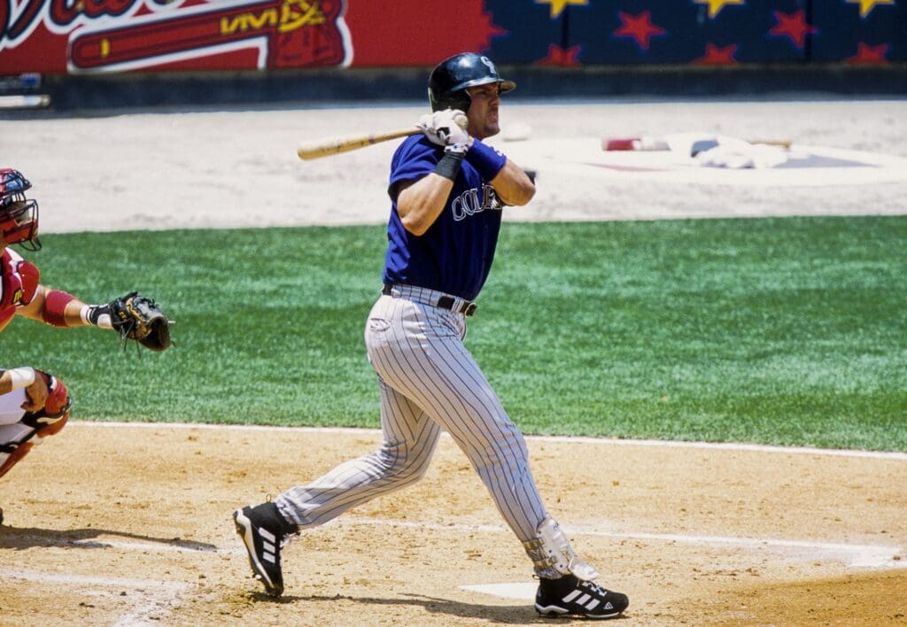 2002, Atlanta, GA, USA; FILE PHOTO; Colorado Rockies outfielder Larry Walker in action at the plate at Turner Field during the 2002 season. Mandatory Credit: RVR Photos-USA TODAY Sports