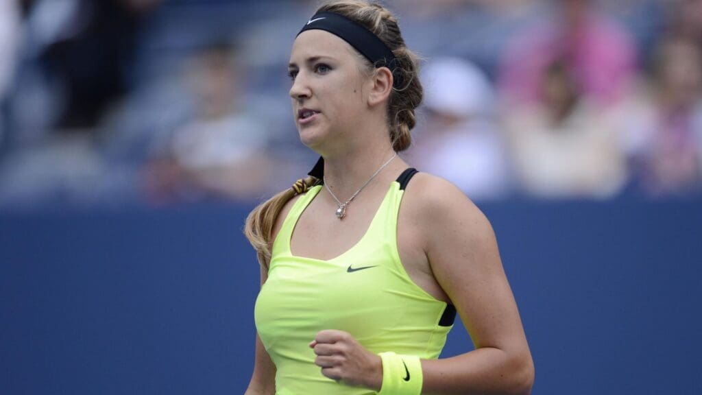 Sep 4, 2012; Queens, NY, USA; Victoria Azarenka (BLR) celebrates after winning a point against Samantha Stosur (AUS) on day nine of the 2012 US Open at Billie Jean King National Tennis Center. 