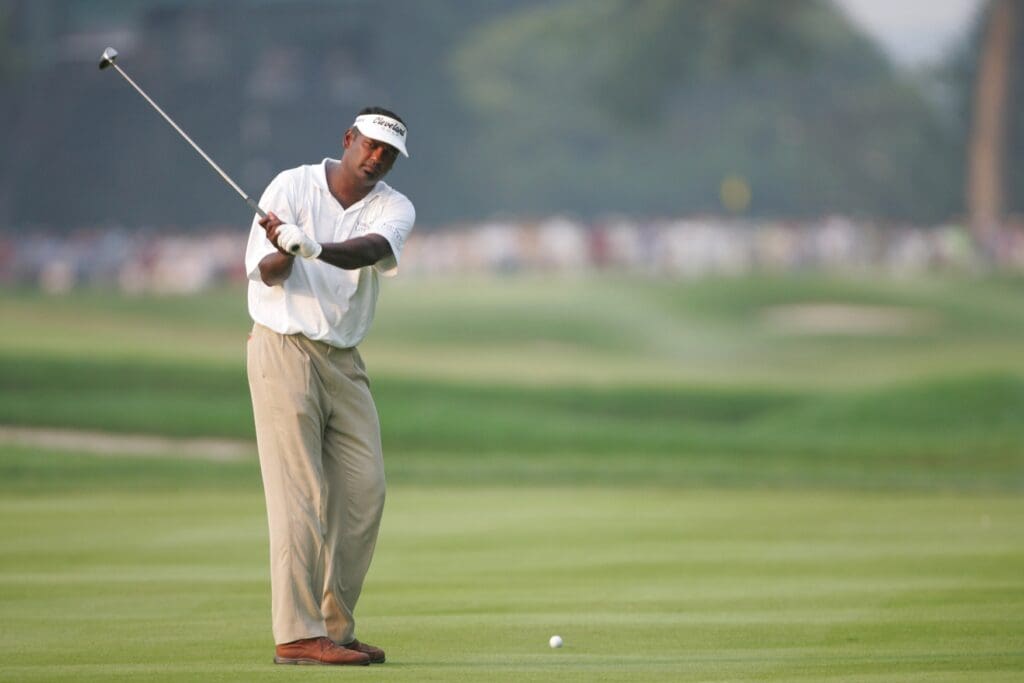 Aug 13, 2005; Springfield, NJ, USA; Vijay Singh prepares to hit his approach to the17th hole during the 3rd round of the 87th PGA Championship at Baltusrol Golf Club.