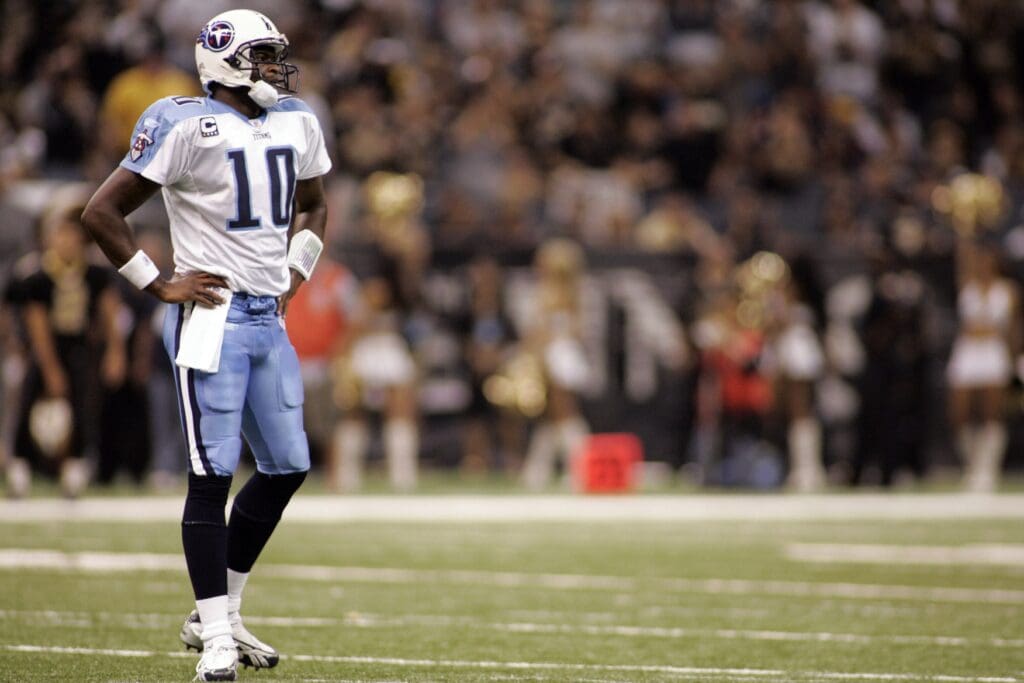 Sept 24, 2007; New Orleans, LA, USA; Tennessee Titans quarterback Vince Young (10) walks to the sideline after failing to move the chains against the New Orleans Saints during the first half of Monday Night Football at the Louisiana Superdome.