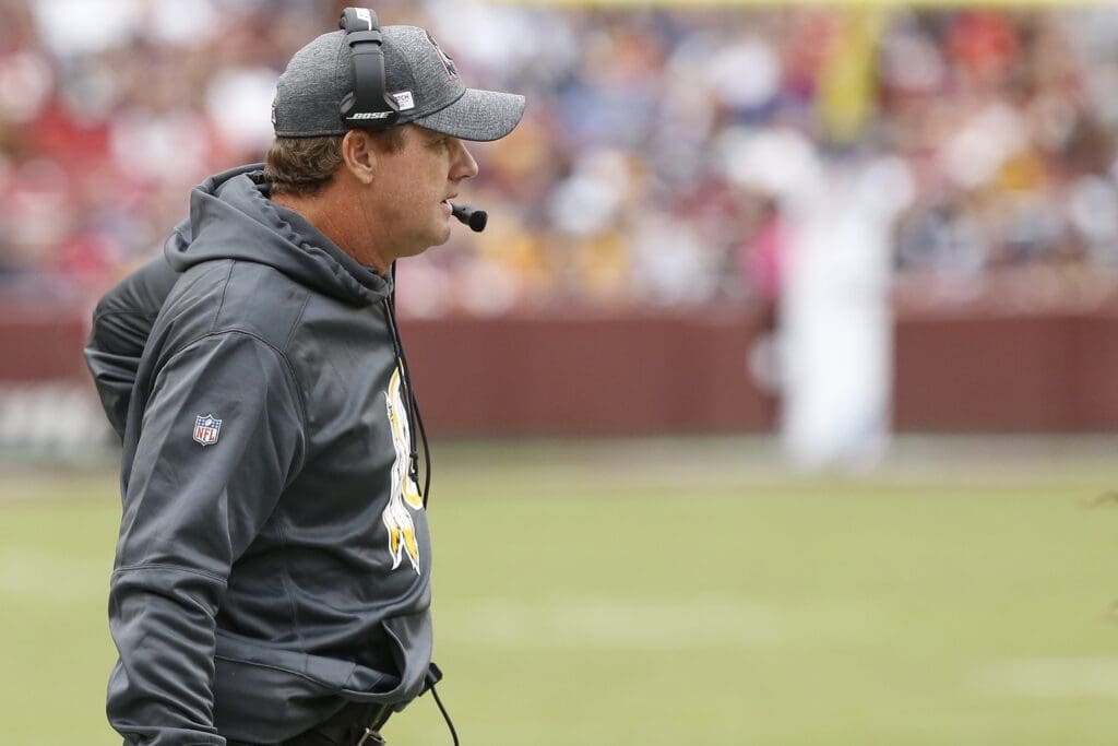 Oct 6, 2019; Landover, MD, USA; Washington Redskins head coach Jay Gruden looks on from the sidelines against the New England Patriots in the second quarter at FedExField.